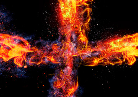 fire flames with sparks on black background close-up. fire textureの写真素材