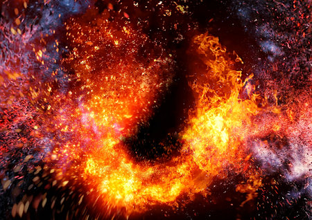 Burning fire with sparks on a black background. Design element for graphics.