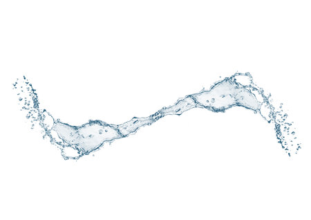 3d illustration of curved abstract blue waves and splashes on white backgroundの写真素材