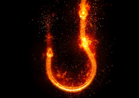 Fishing hook with fire and smoke on a black background. 3d rendering