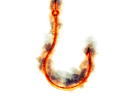 Fishing hook with fire and smoke on a white background. 3d rendering