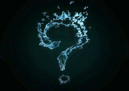Question mark made of water splashes on dark background. 3D rendering