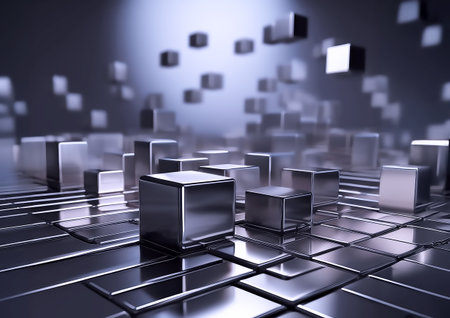abstract 3d illustration of metal cubes in empty space with lightの素材