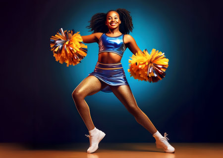 Young african american cheerleader dancing with pompoms. Studio shot.の素材