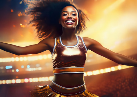 Portrait of a beautiful african american cheerleader dancing on stage.の素材