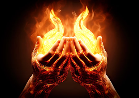 Burning hands of a human on a black background. 3d renderingの素材