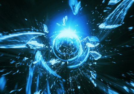 3D illustration of a sphere of blue light exploding in outer spaceの写真素材