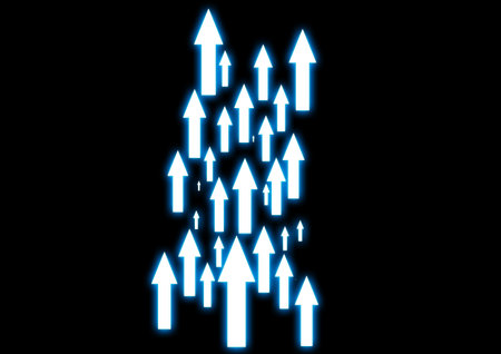 3d illustration of countless abstract blue light arrows pointing upwards