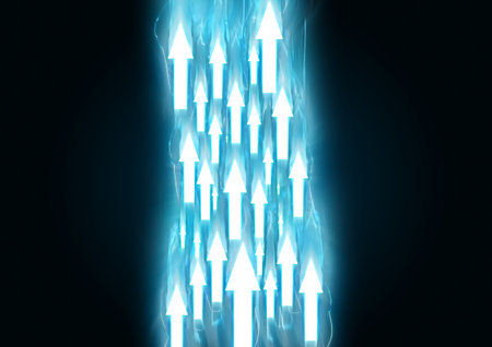 abstract blue arrows on a dark background, 3d render illustrationの写真素材