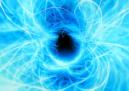 3D illustration of swirling lines of blue light on a black backgroundの写真素材