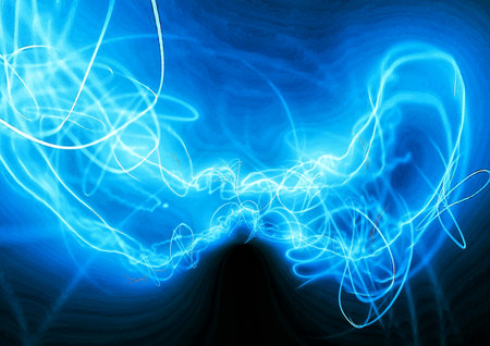 3d illustration of swirling lines of blue glowing smoke against a black backgroundの写真素材
