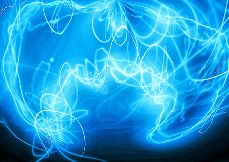 3d illustration of swirling lines of blue glowing smoke against a black background