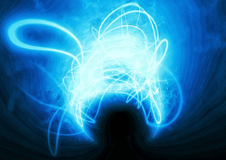 3d illustration of swirling lines of blue glowing smoke against a black backgroundの写真素材