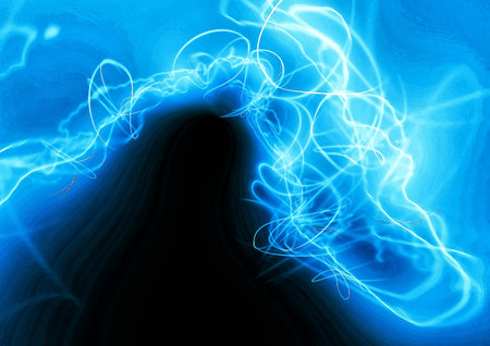 A 3D illustration of swirling lines of blue glowing smoke against a black background.の写真素材