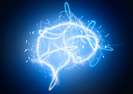 Human brain with glowing light effect on dark blue background. 3D renderingの写真素材
