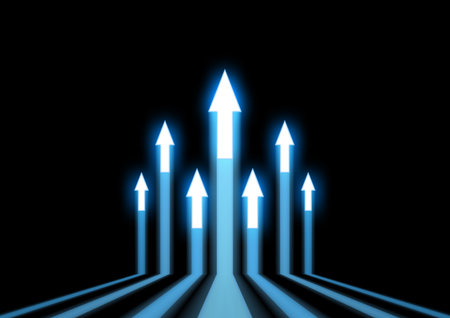 3d rendering of business growth and progress indicated by blue light arrowの写真素材