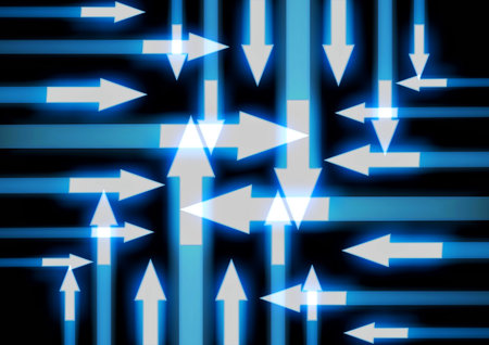 Illustration of blue arrows on a dark background, abstract background.の写真素材