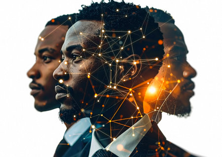 Partnership concept. Double exposure of two african american businessmen and network connection.の素材