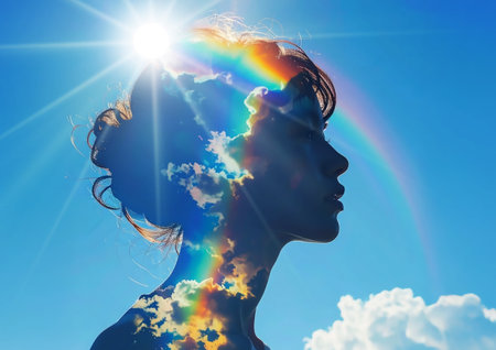 Double exposure of beautiful woman face and rainbow on blue sky background.の素材
