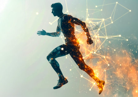 Silhouette of a man running against the background of a network connection. Concept of a healthy lifestyle.の素材