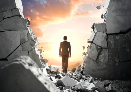 Conceptual image of businessman standing in ruins of building.の素材