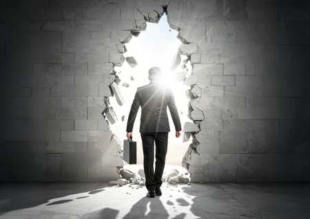 Businessman with briefcase in hands breaking through wall and looking at sunの素材