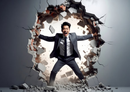 Angry asian businessman breaking wall with hands. Success and failure conceptの素材
