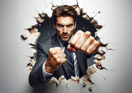 Portrait of a determined businessman punching through a hole in a wallの素材
