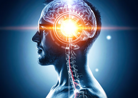 Conceptual image of human brain anatomy with sunbeams over blue backgroundの素材