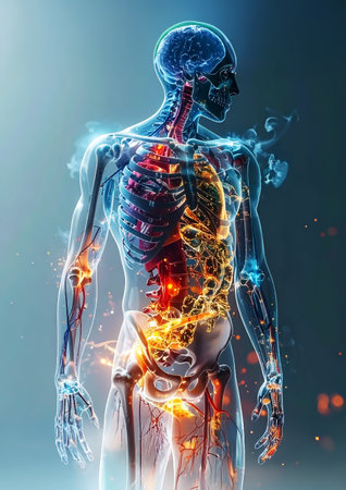3d rendered illustration of male anatomy with visible bones and circulatory systemの素材