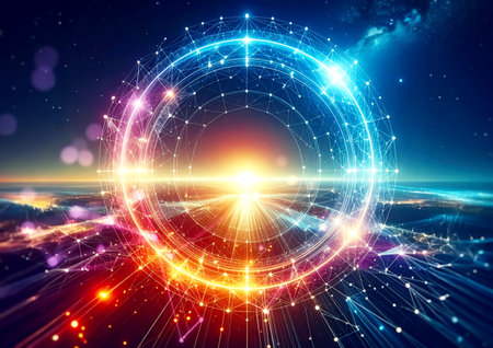 Futuristic technology background. 3d rendering toned image double exposureの素材