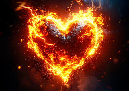 Burning heart on a dark background. 3d illustration. Love conceptの素材