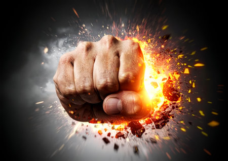 Close up of human fist breaking stone wall with fist punch. Mixed mediaの素材