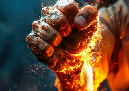 Close-up of a man's hand with a burning fist.の素材