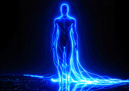 3D Illustration of a Human Body Model with Glowing Light Trailの素材