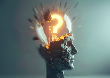 Human head with glowing light bulb on gray background. Idea and solution conceptの素材