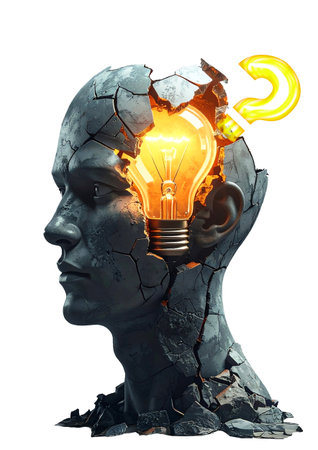 Idea concept with human head and lightbulb on white backgroundの素材