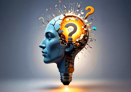 Conceptual image of human head with light bulb instead of headの素材