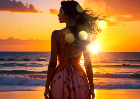 Silhouette of a beautiful young woman on the beach at sunsetの素材