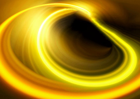 Swirling gold neon light wavy lines on a black background. Technology digital background.の写真素材