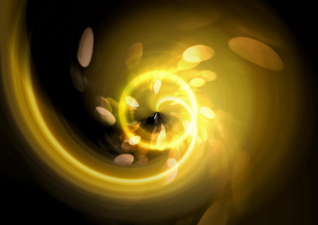 Swirling gold neon light wavy lines on a black background. Technology digital background.の写真素材