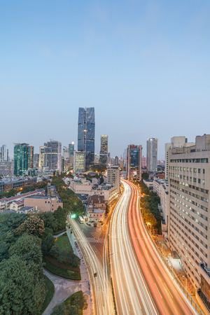 Landscape view of a city in China with traffic flowの写真素材