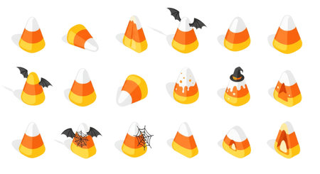 A festive collection of isometric candy corn icons for Halloween. The set includes classic, bitten,...