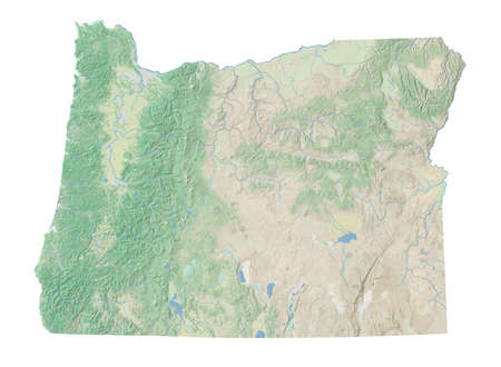 High resolution topographic map of Oregon with land cover, rivers and shaded relief in 1:1.000.000...