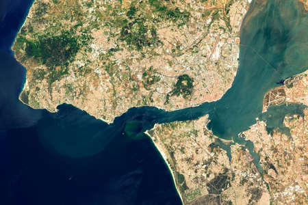 Satellite image of Lisbon, Portugalの写真素材