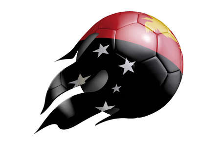 Soccer ball flying through the air with flags from countries of the world.の写真素材