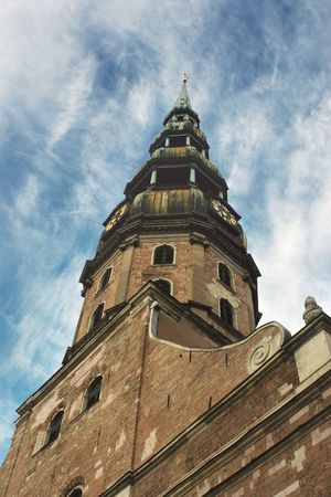 St. Peters Church tower Riga, Latvia. Highest church in Latviaの写真素材
