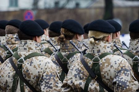Latvian soldiers at the Military parade of the National Armed Forces at the embankment of the 11th November. 89th anniversary of establishment of the Republic of Latviaの写真素材