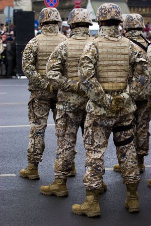 Latvian soldiers at the Military parade of the National Armed Forces at the embankment of the 11th November. 89th anniversary of establishment of the Republic of Latviaの写真素材