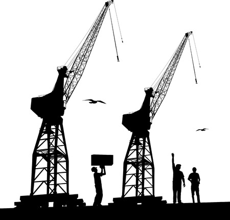 Silhouette of harbour workers and port cranesのイラスト素材